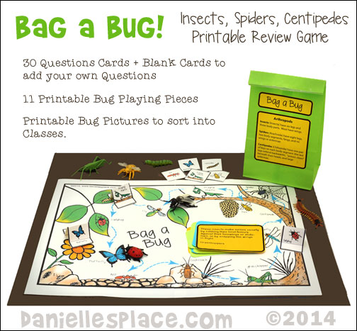Bag A Bug - Insect, Spider, Centipede Prinatable Review Game and Sorting Activity from www.daniellesplace.com where Learning is Fun!