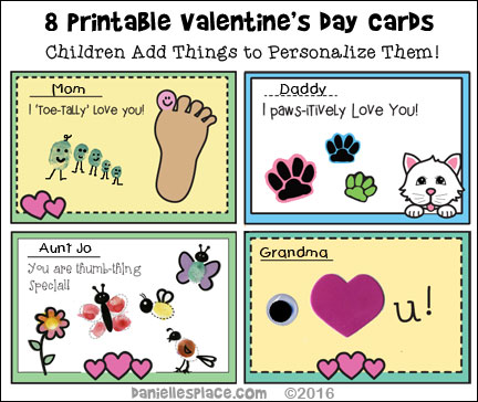 Printable Valentine's Day Cards Children Can Make - Children add things to each card to personalize them for their loved ones.  Go to www.daniellesplace.com/html/valentine-crafts-page-2.html for directions.