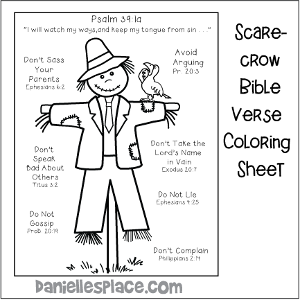 Scarecrow with Bible verses coloring sheet for Children's Bible lesson