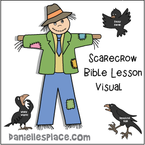 Scarecrow Bible Lessons Printable Visuals in color and black and white for children's ministry