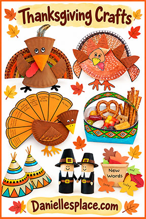 Thanksgiving crafts, games, and learning activities for kids, including turkey crafts, thankful activities, Pilgrim crafts, and more for home or classroom use.